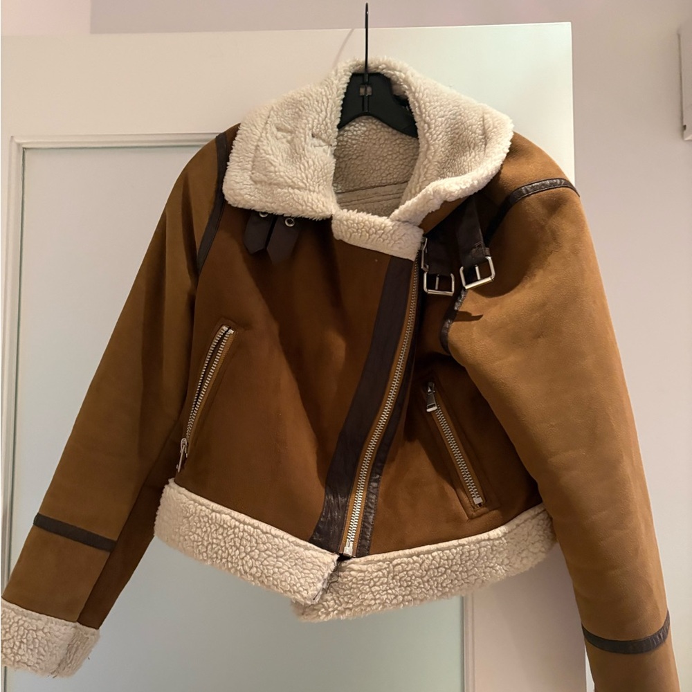 Suede and shearling lined moto jacket, Zara women